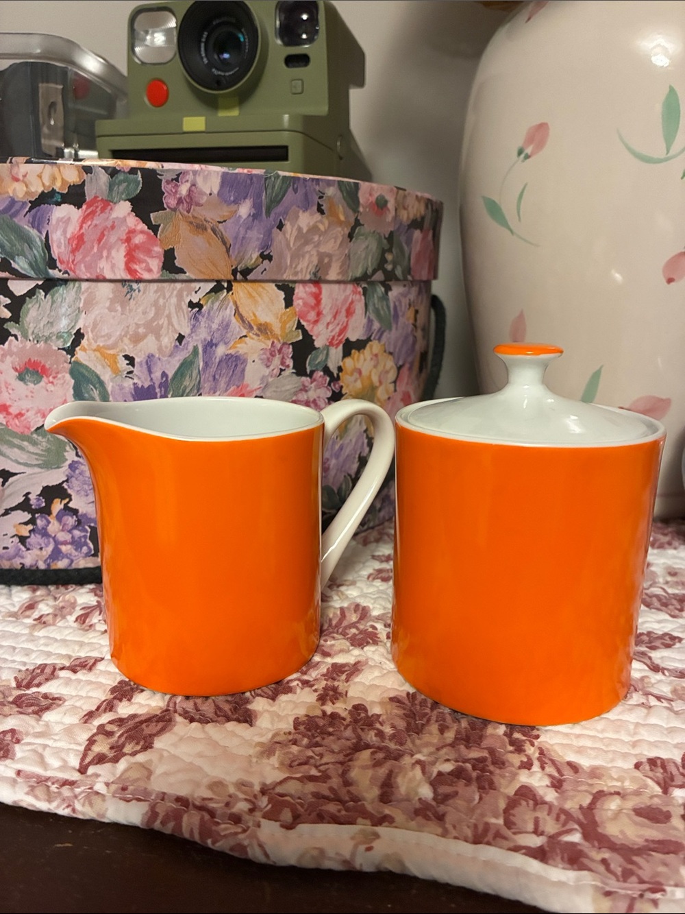 Bright Orange Porcelain Creamer and Sugar Jar Set